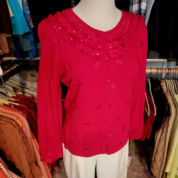 ANN TRINITY ♡ Gorgeous Red Ribbon Sequin Embellished Bling Button Front Blouse M - Picture 8 of 17